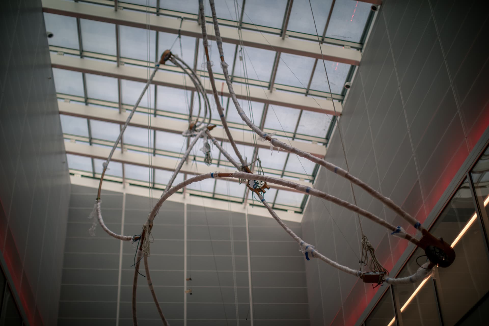 Crossing wrapped copper arcs suspended on rigging lines during install