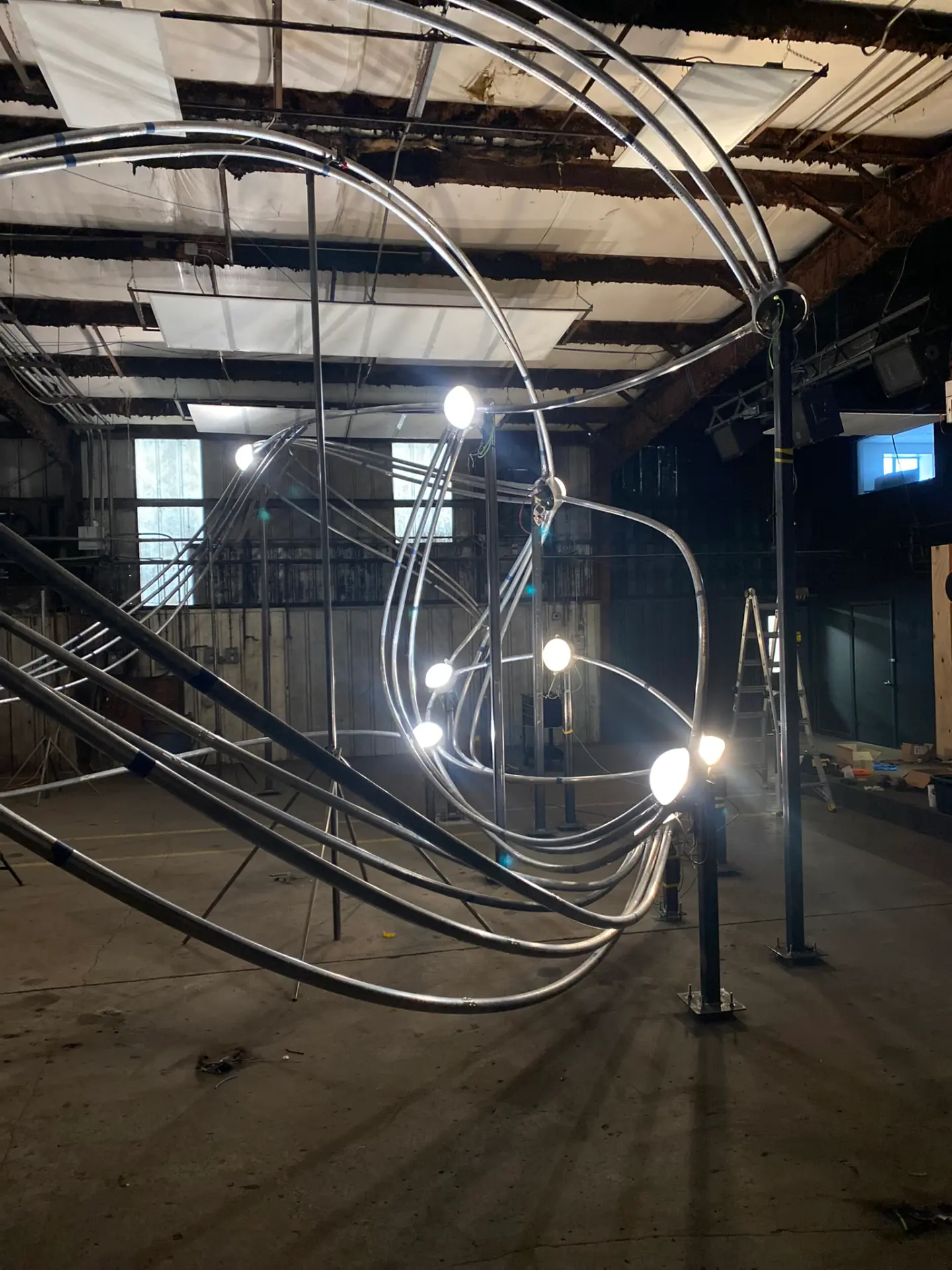 Constellations sculpture assembled in the fabrication shop with illuminated star nodes