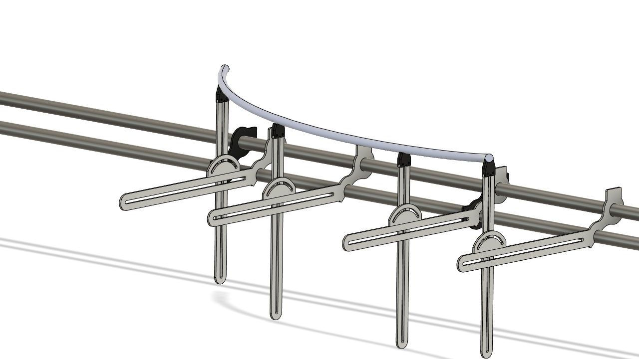 CAD detail of adjustable inspection fixture arms indexing a curved tube profile